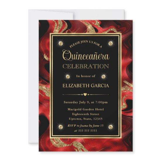 Elegant Molten Red and Gold Glitter Quinceanera