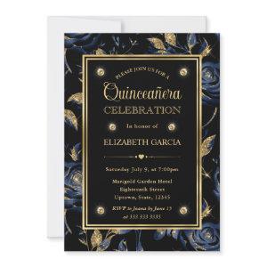 Elegant Navy Blue and Gold Rose Floral Quinceanera