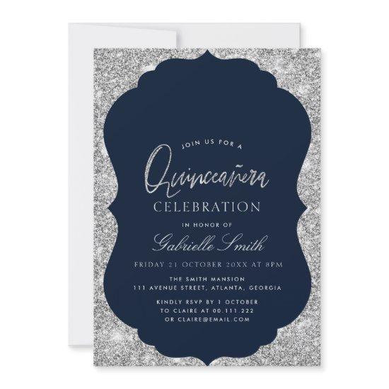 Elegant navy blue and silver Quinceanera