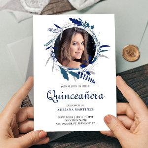 Elegant Navy Blue Floral Wreath Photo Quinceanera