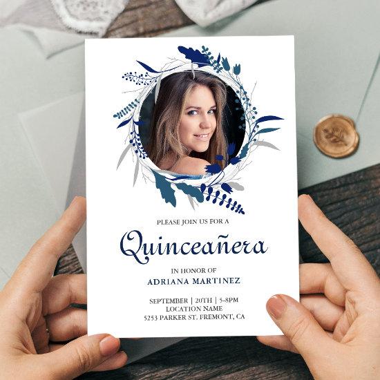 Elegant Navy Blue Floral Wreath Photo Quinceanera