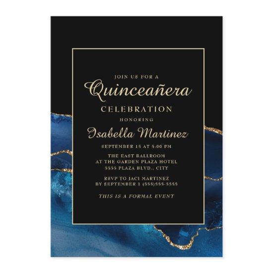 Elegant Navy Blue Gold Agate Marble Quinceañera