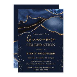 Elegant Navy Blue & Gold Glitter Agate Quinceanera