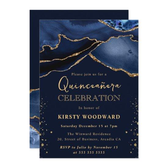 Elegant Navy Blue & Gold Glitter Agate Quinceanera