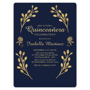 Elegant Navy Blue Gold Leaves Quinceañera