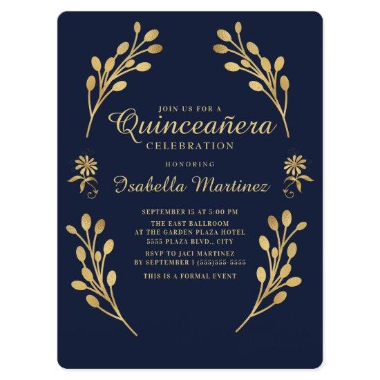 Elegant Navy Blue Gold Leaves Quinceañera