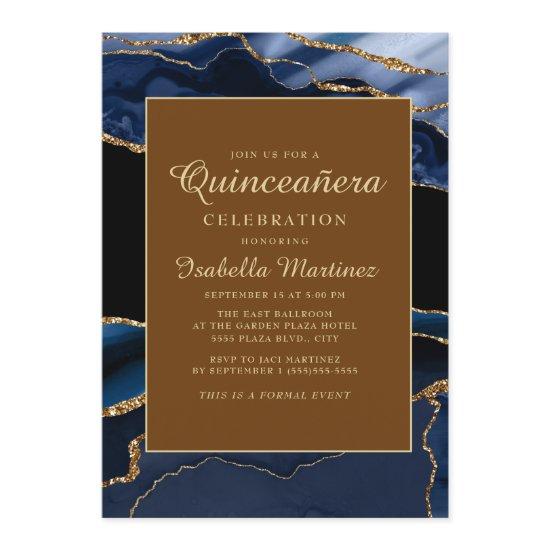 Elegant Navy Blue Gold Marble Agate Quinceañera