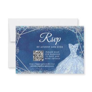 Elegant Navy Blue Silver Christmas Quinceañera QR RSVP Card