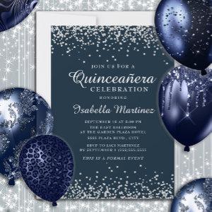 Elegant Navy Blue Silver Confetti Quinceañera