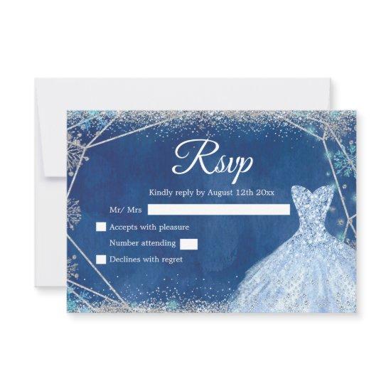 Elegant Navy Blue Silver Winter Quinceañera RSVP Card