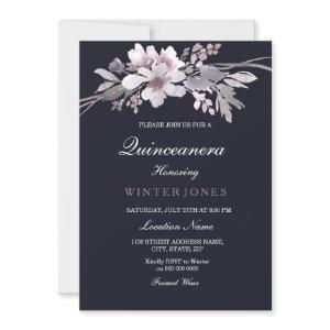 Elegant Navy Blue Winter Floral Quinceanera Invite