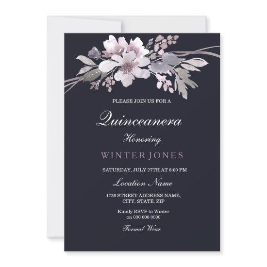 Elegant Navy Blue Winter Floral Quinceanera Invite