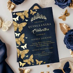 Elegant Navy Gold Butterfly Quinceanera Foil