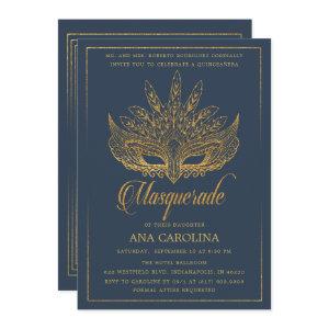 Elegant Navy Gold Glitter Masquerade Quinceañera
