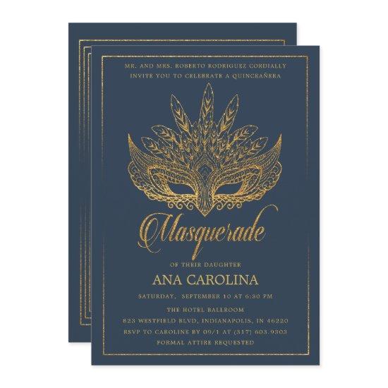 Elegant Navy Gold Glitter Masquerade Quinceañera
