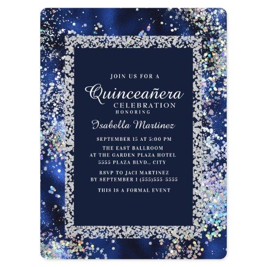 Elegant Navy Gold Silver Glitter Quinceañera