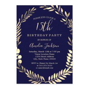 Elegant Navy Gold Watercolor 15th Birthday
