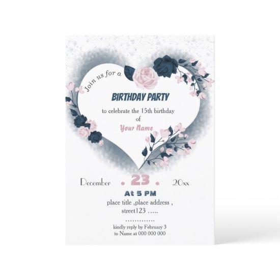 elegant navy & pink floral heart birthday