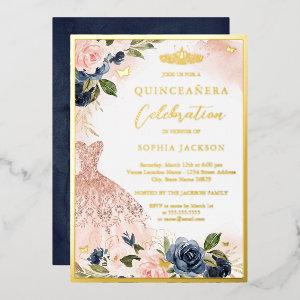 Elegant Navy Pink Floral Tiara Dress Quinceanera   Foil