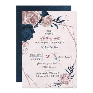 elegant navy & pink flowers geometric birthday