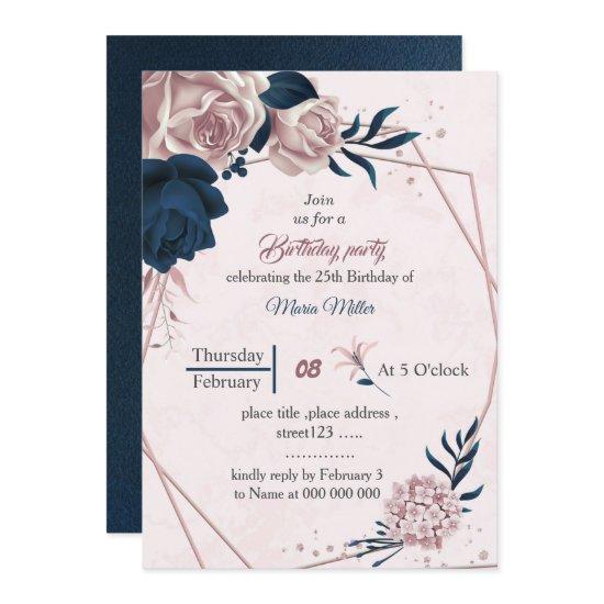 elegant navy & pink flowers geometric birthday