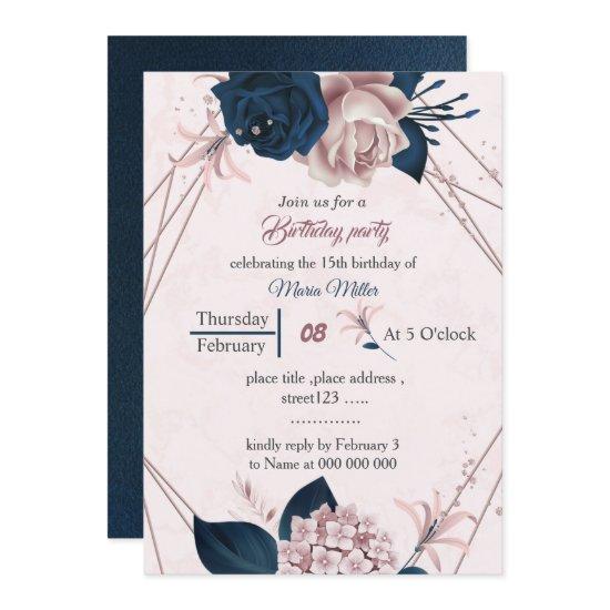 elegant navy &pink flowers geometric birthday