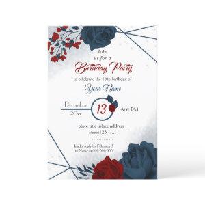 elegant navy & red floral botanical birthday