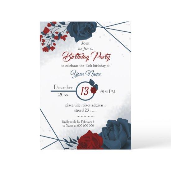 elegant navy & red floral botanical birthday