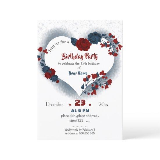 elegant navy & red floral heart birthday