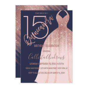 Elegant Navy Rose Gold Glitter Dress Quinceanera