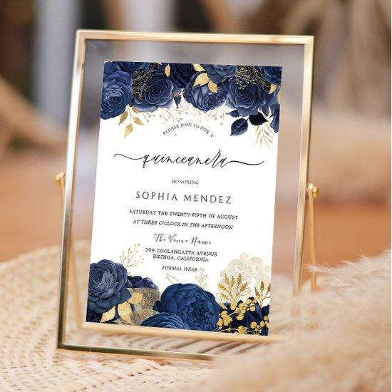 Elegant Navy Roses Gold leaf Quinceanera Party Inv