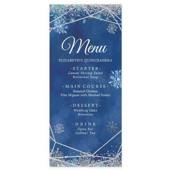 Elegant Navy Silver Christmas Snowflake XV Años Menu
