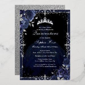Elegant Navy Silver Rose Dress Quinceanera Foil