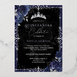 Elegant Navy Silver Rose Quinceanera Foil