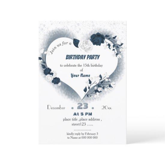 elegant navy &white floral heart birthday