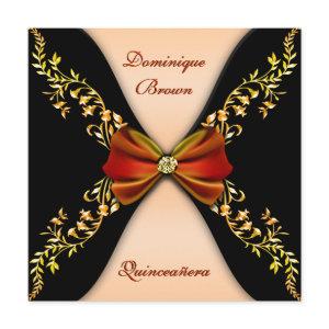 Elegant Orange Black Diamond Bow Quinceanera