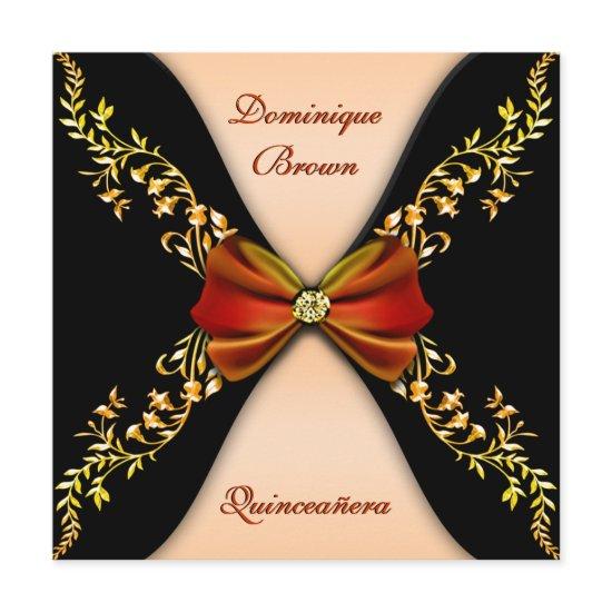 Elegant Orange Black Diamond Bow Quinceanera