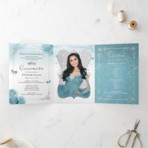 Elegant Photo Aqua Turquoise Teal Silver Quince Tri-Fold