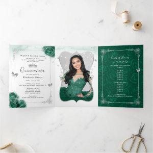 Elegant Photo Green Rose Silver Quinceanera Tri-Fold