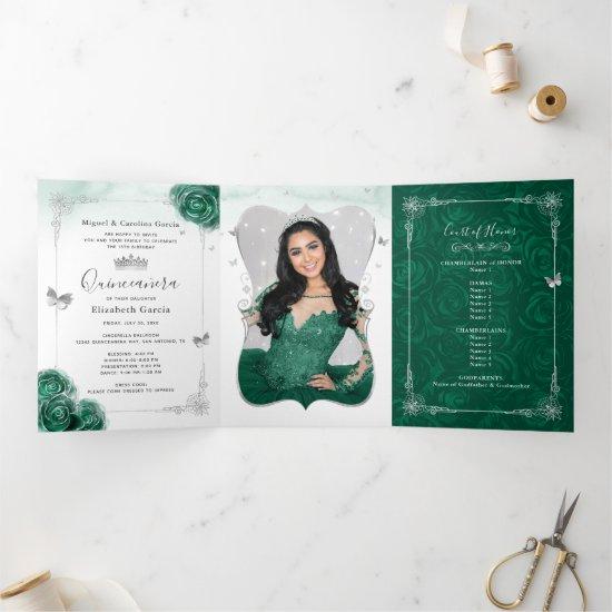 Elegant Photo Green Rose Silver Quinceanera Tri-Fold