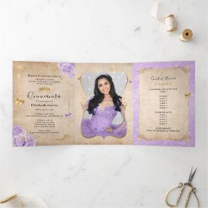 Elegant Photo Light Purple and Gold Quinceanera Tri-Fold