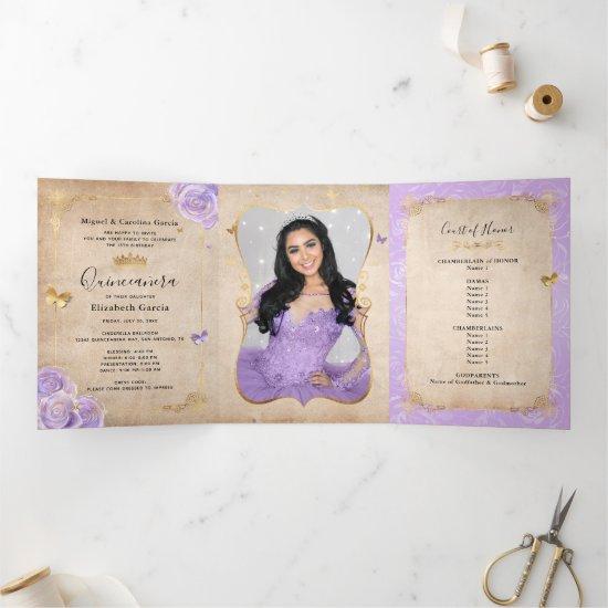 Elegant Photo Light Purple and Gold Quinceanera Tri-Fold
