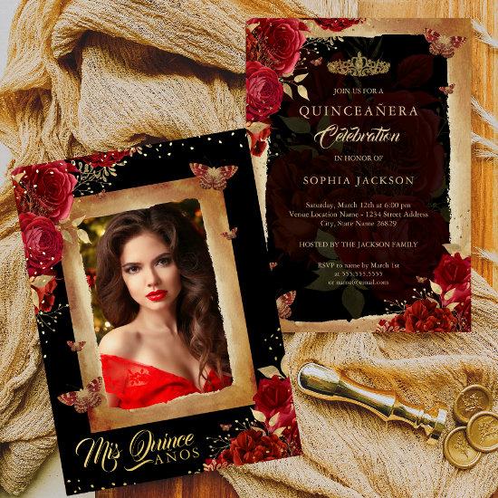 Elegant Photo Quinceanera Red Rose Gold Birthday  Foil