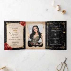 Elegant Photo Red Rose Black and Gold Quinceanera Tri-Fold