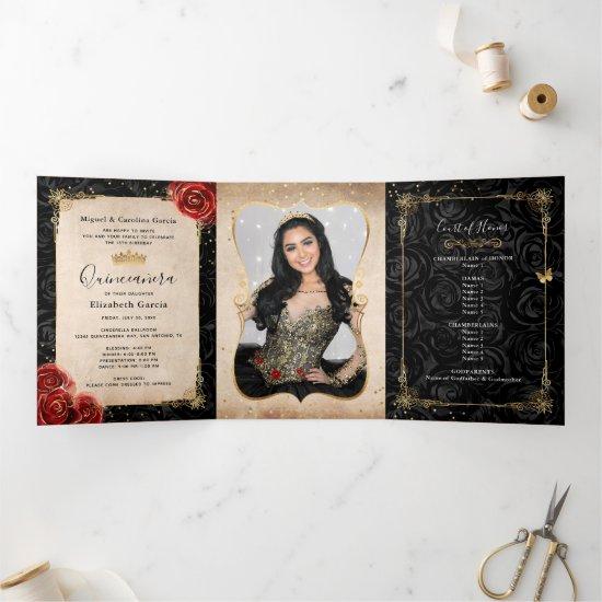 Elegant Photo Red Rose Black and Gold Quinceanera Tri-Fold