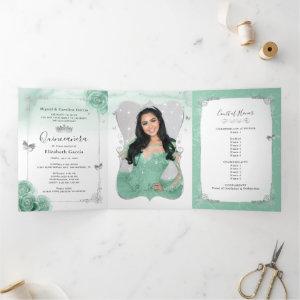 Elegant Photo Silver and Seafoam Green Quinceañera Tri-Fold