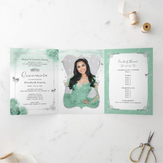 Elegant Photo Silver and Seafoam Green Quinceañera Tri-Fold