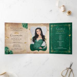 Elegant Photo Spanish Green Rose Gold Quinceanera Tri-Fold
