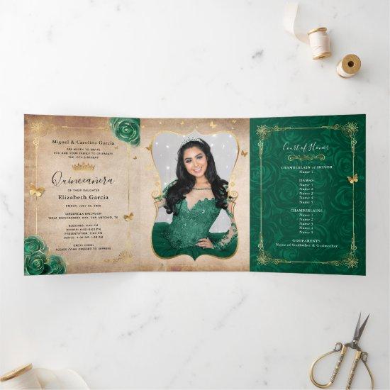 Elegant Photo Spanish Green Rose Gold Quinceanera Tri-Fold