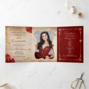 Elegant Photo Spanish Red Rose Gold Quinceanera Tri-Fold